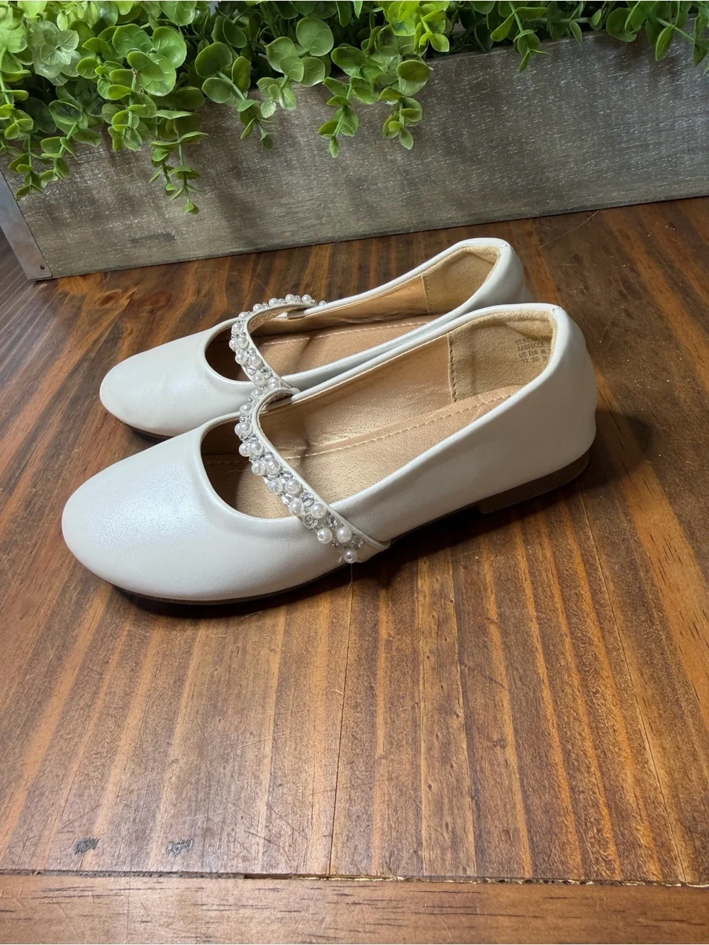 Pearl-Embellished White Mary Jane Flats